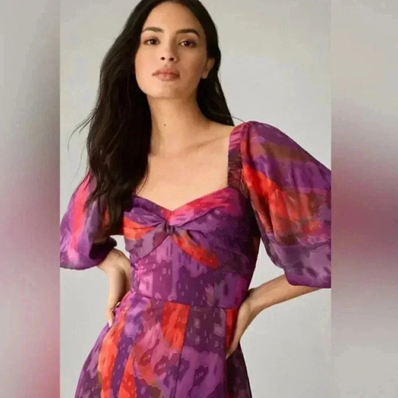 NWT Anthropologie HUTCH Printed Twist Puff Sleeve Ruffle Tie Dye Midi Dress XSP - Picture 4 of 6